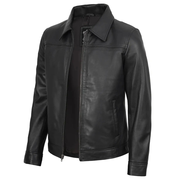 Black leather jacket on a white background