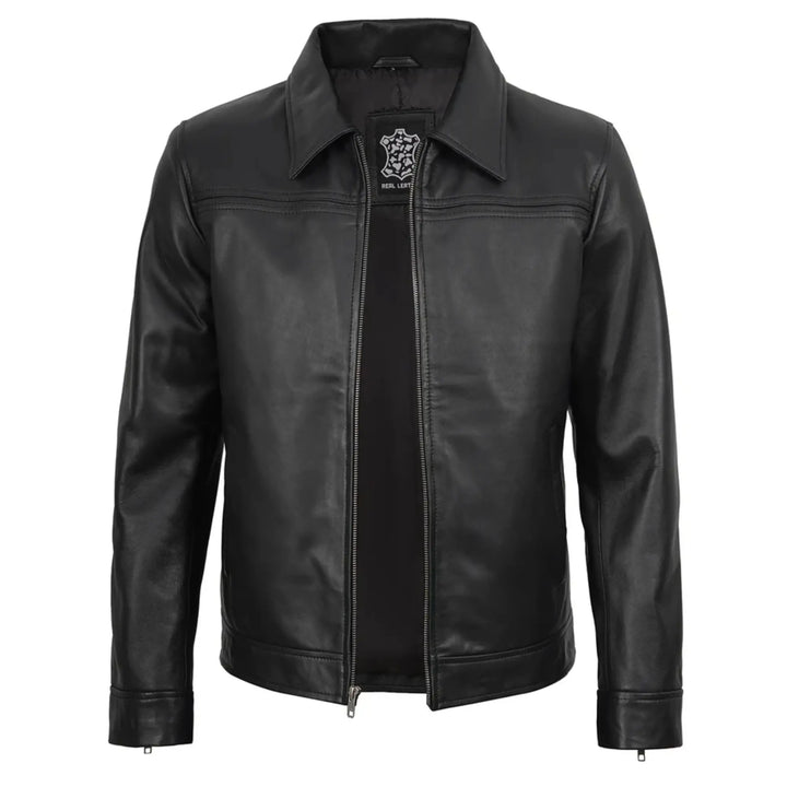 Black leather jacket on a white background