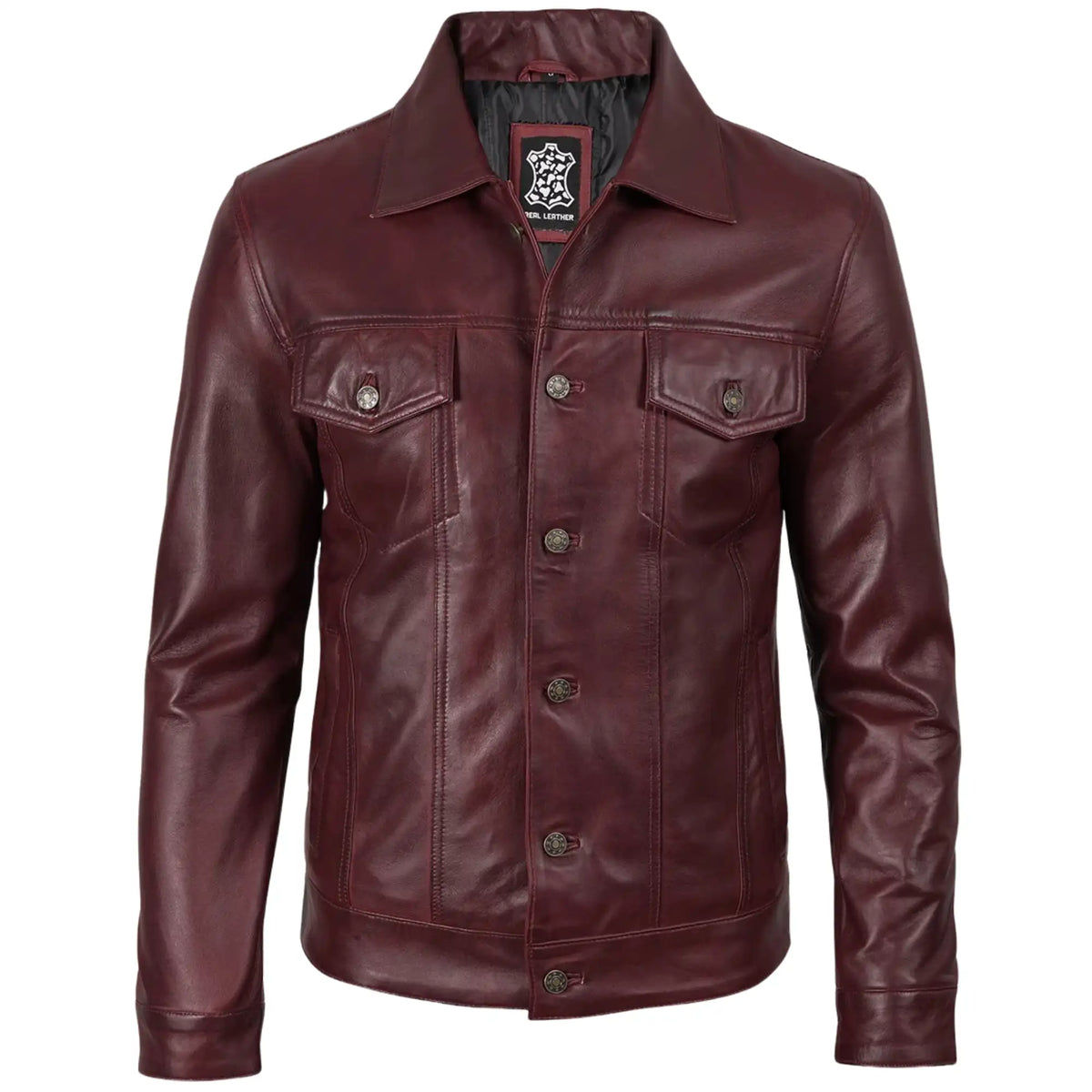 Men's Maroon Sheepskin Leather Trucker Jacket