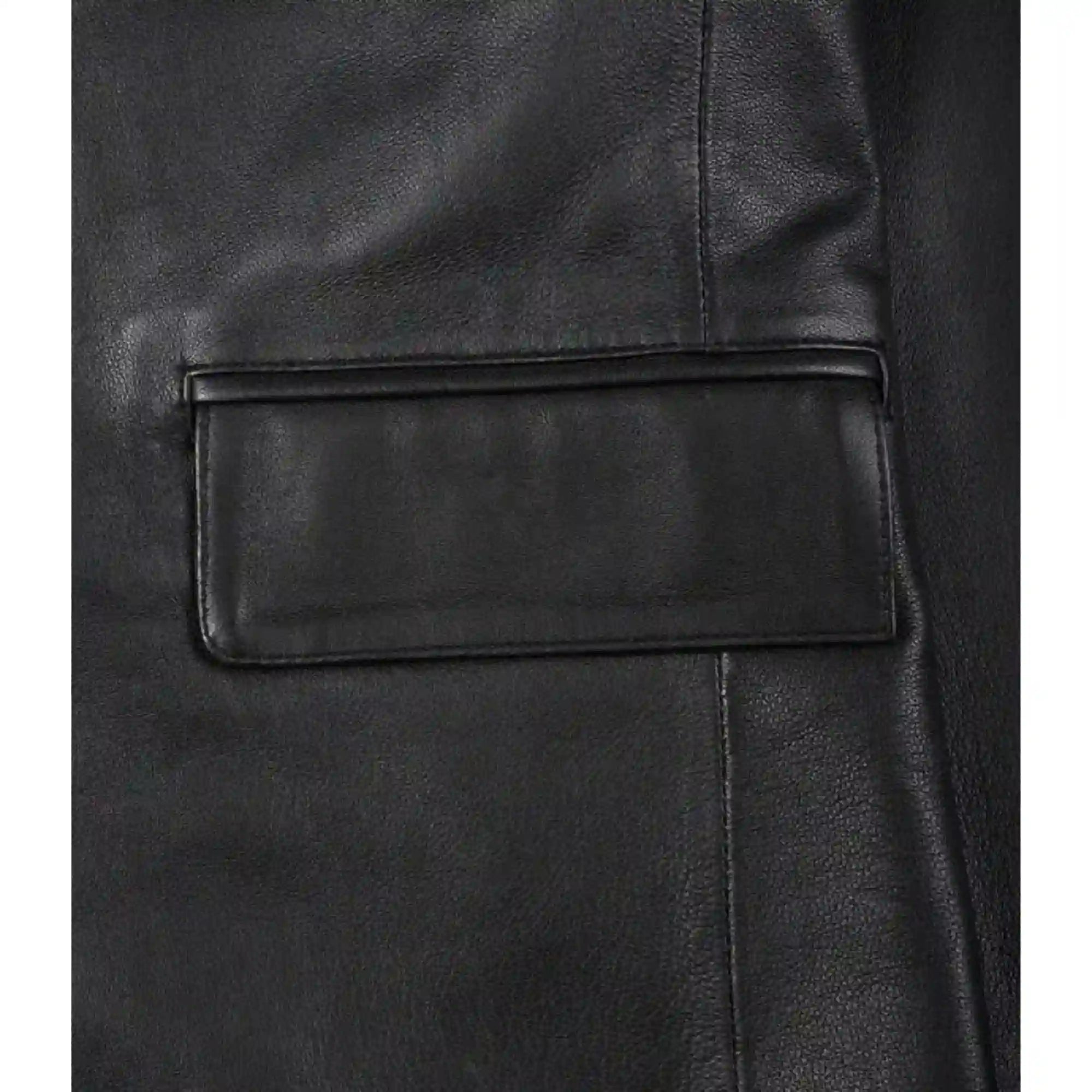 Close-up of a black leather jacket with a pocket detail.