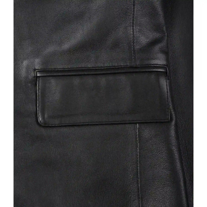 Close-up of a black leather jacket with a pocket detail.