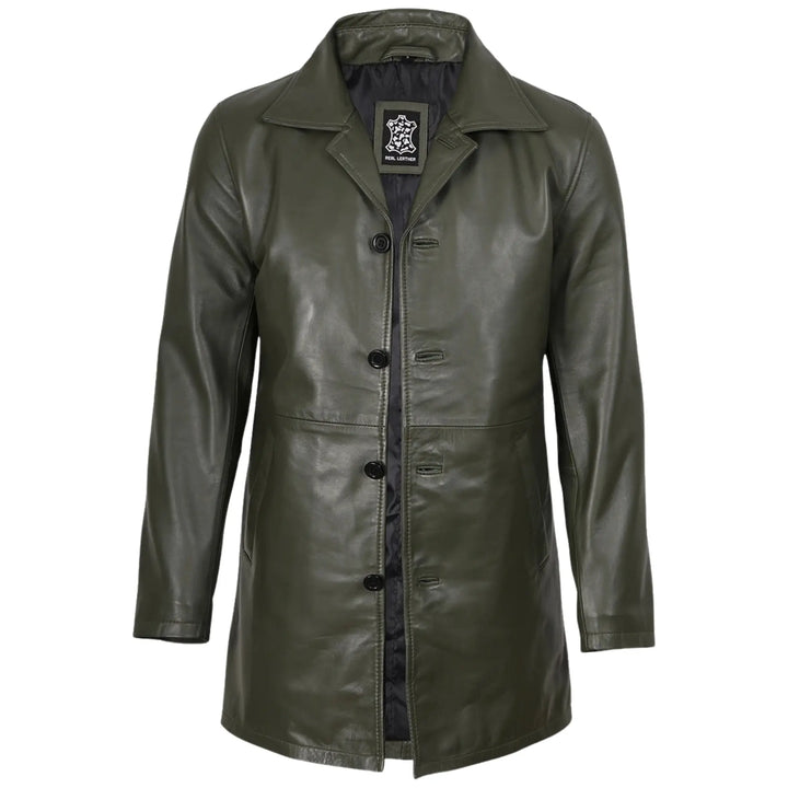 Green leather coat with buttons on a white background