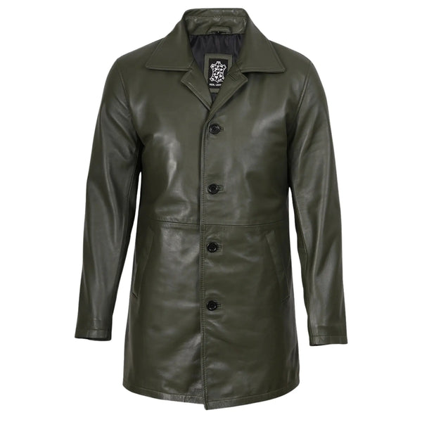 Green leather coat with buttons on a white background
