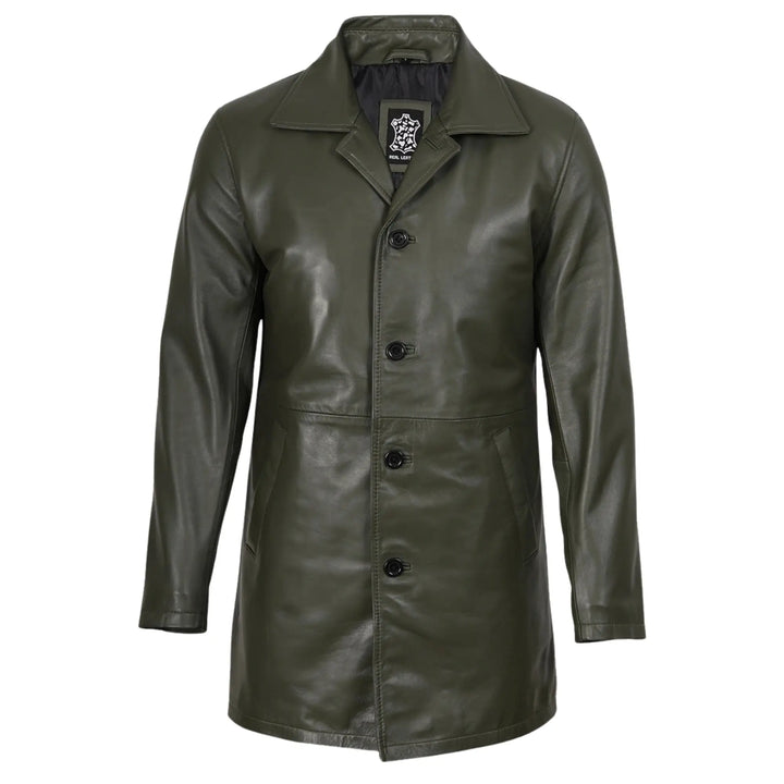 Green leather coat with buttons on a white background