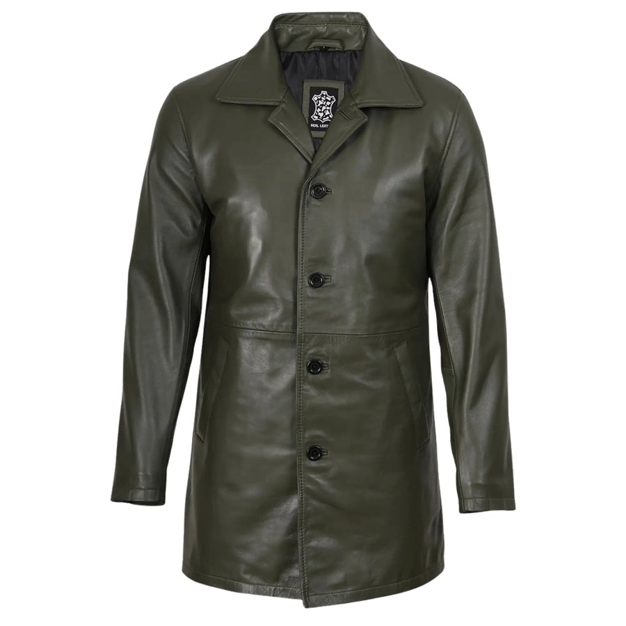 Men's Olive Green Sheepskin Leather Car Coat