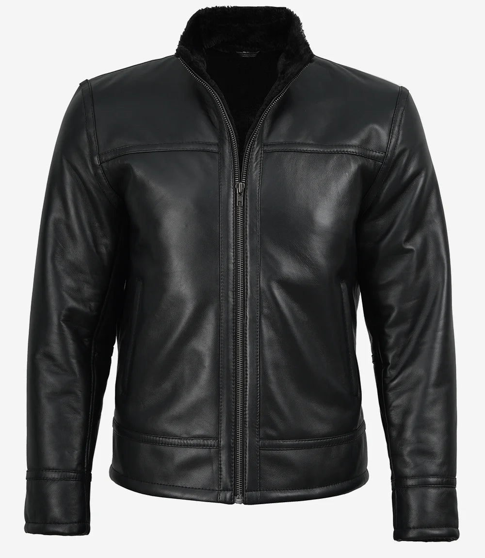 Men's black cafe racer leather jacket with black fur interior lining