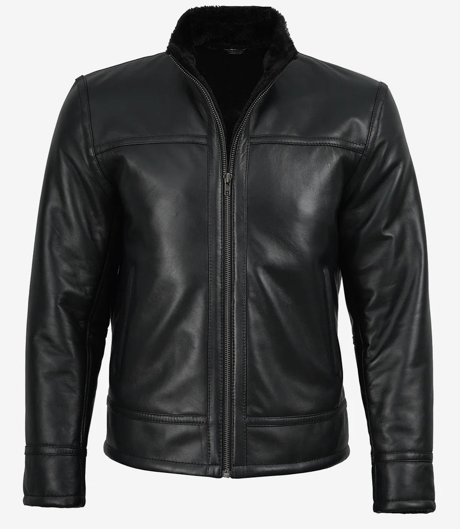 Men's Premium Black Cafe Racer Leather Jacket with Fur Lining