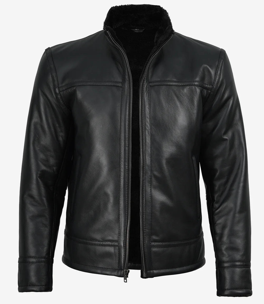 Men's black cafe racer leather jacket with black fur interior lining