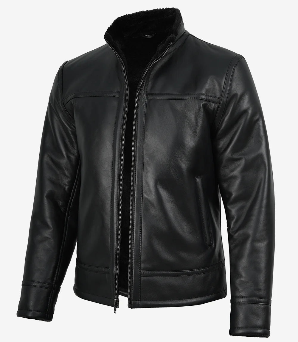 Men's black cafe racer leather jacket with black fur interior lining