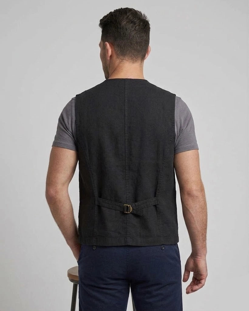 Men's black cotton utility waistcoat vest front and back view