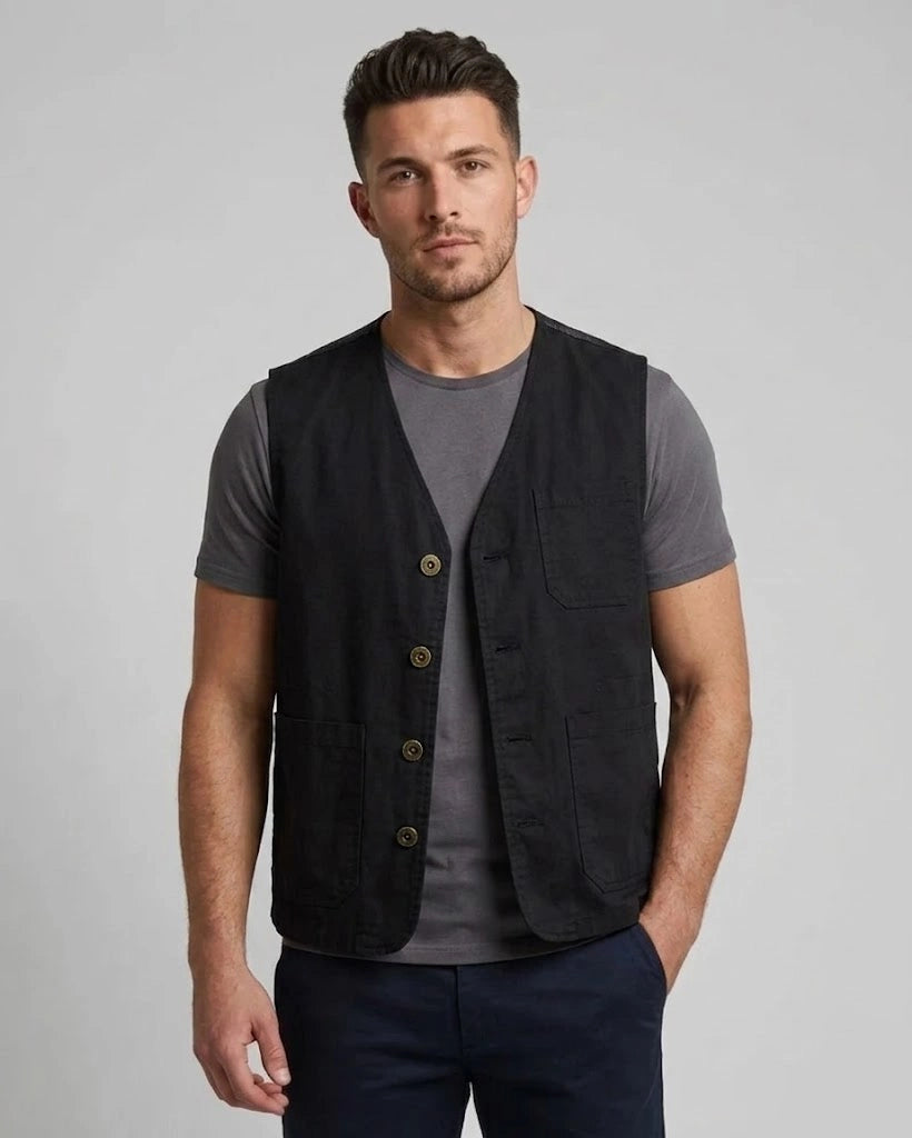 Men's black cotton utility waistcoat vest front and back view