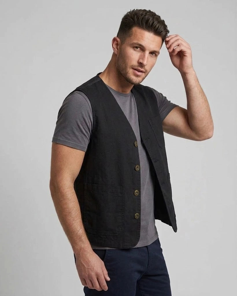 Men's black cotton utility waistcoat vest front and back view