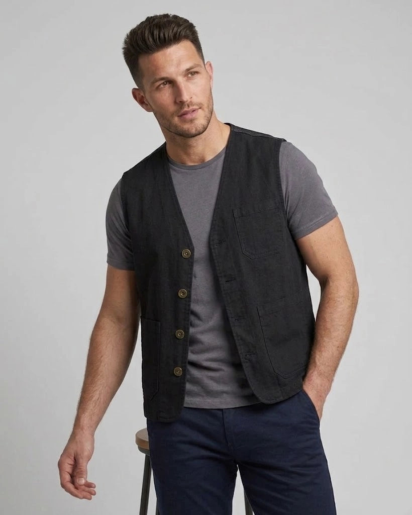 Men's black cotton utility waistcoat vest front and back view