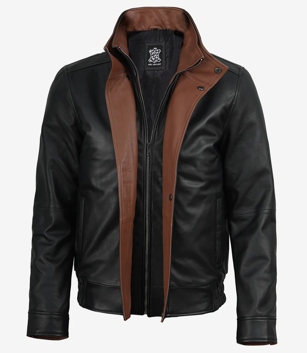 Men's black leather jacket with brown interior collar contrast