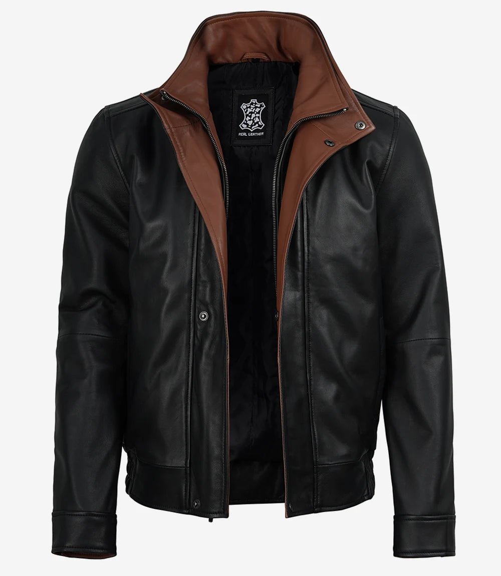 Men's black leather jacket with brown interior collar contrast
