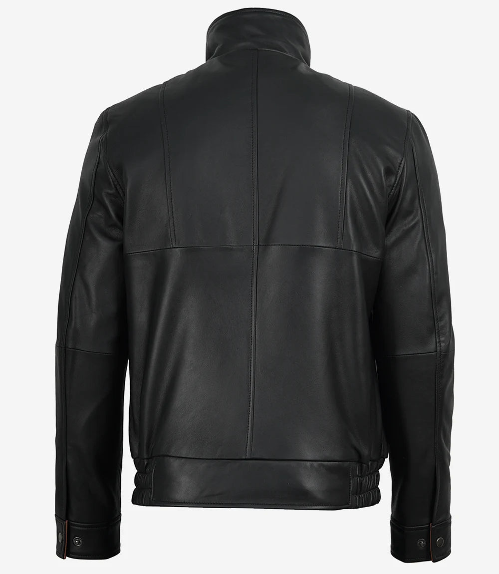 Men's black leather jacket with brown interior collar contrast