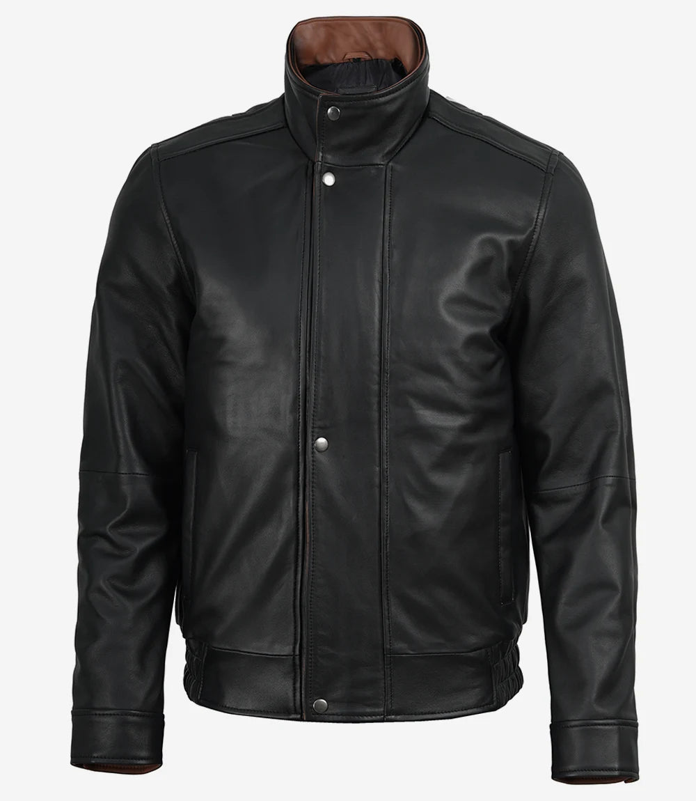 Men's black leather jacket with brown interior collar contrast