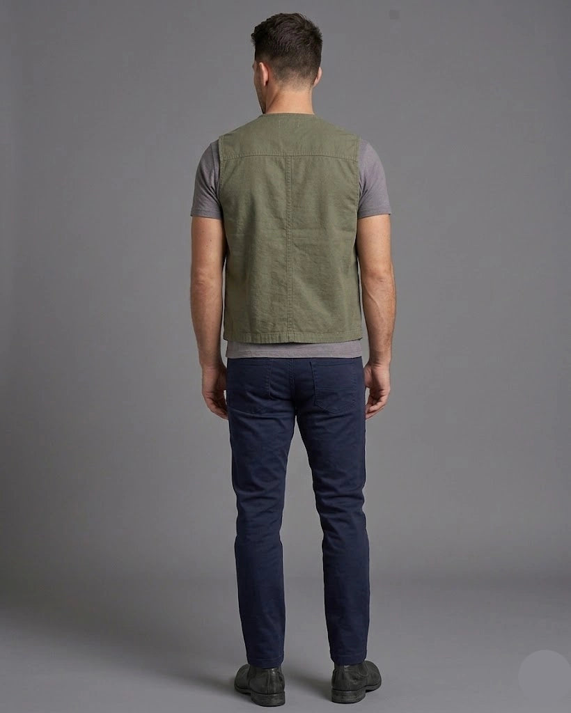 Men's olive green cotton utility vest featuring a tailored fit with a multi-pocket front design, shown in full front and back view