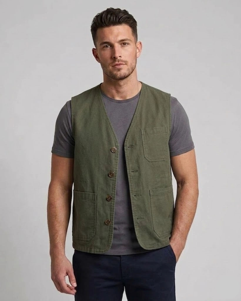Men's olive green cotton utility vest featuring a tailored fit with a multi-pocket front design, shown in full front and back view