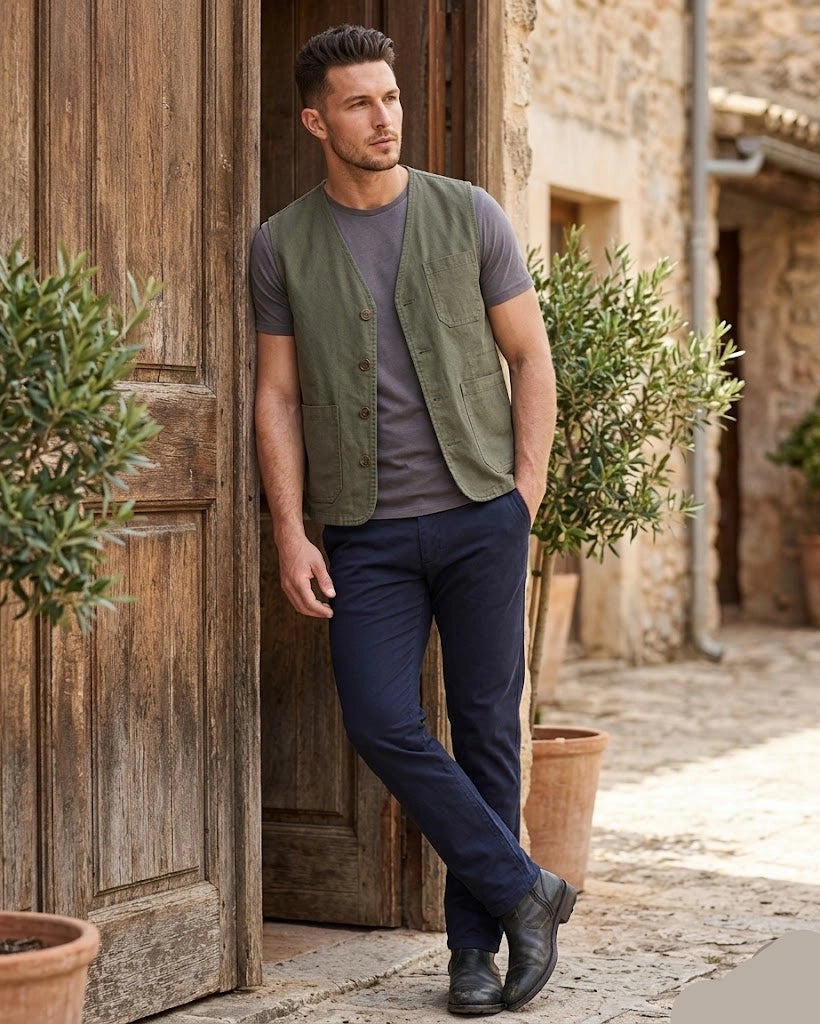 Men's olive green cotton utility vest featuring a tailored fit with a multi-pocket front design, shown in full front and back view