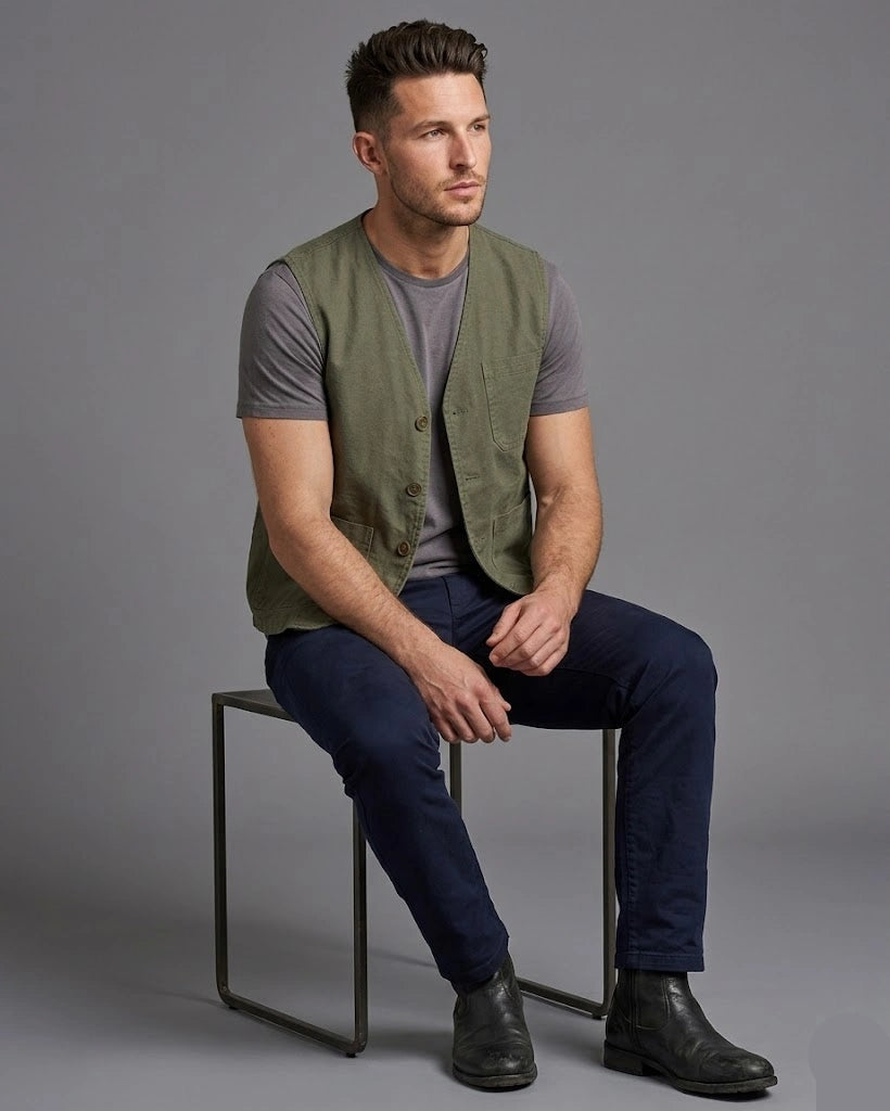 Men's olive green cotton utility vest featuring a tailored fit with a multi-pocket front design, shown in full front and back view