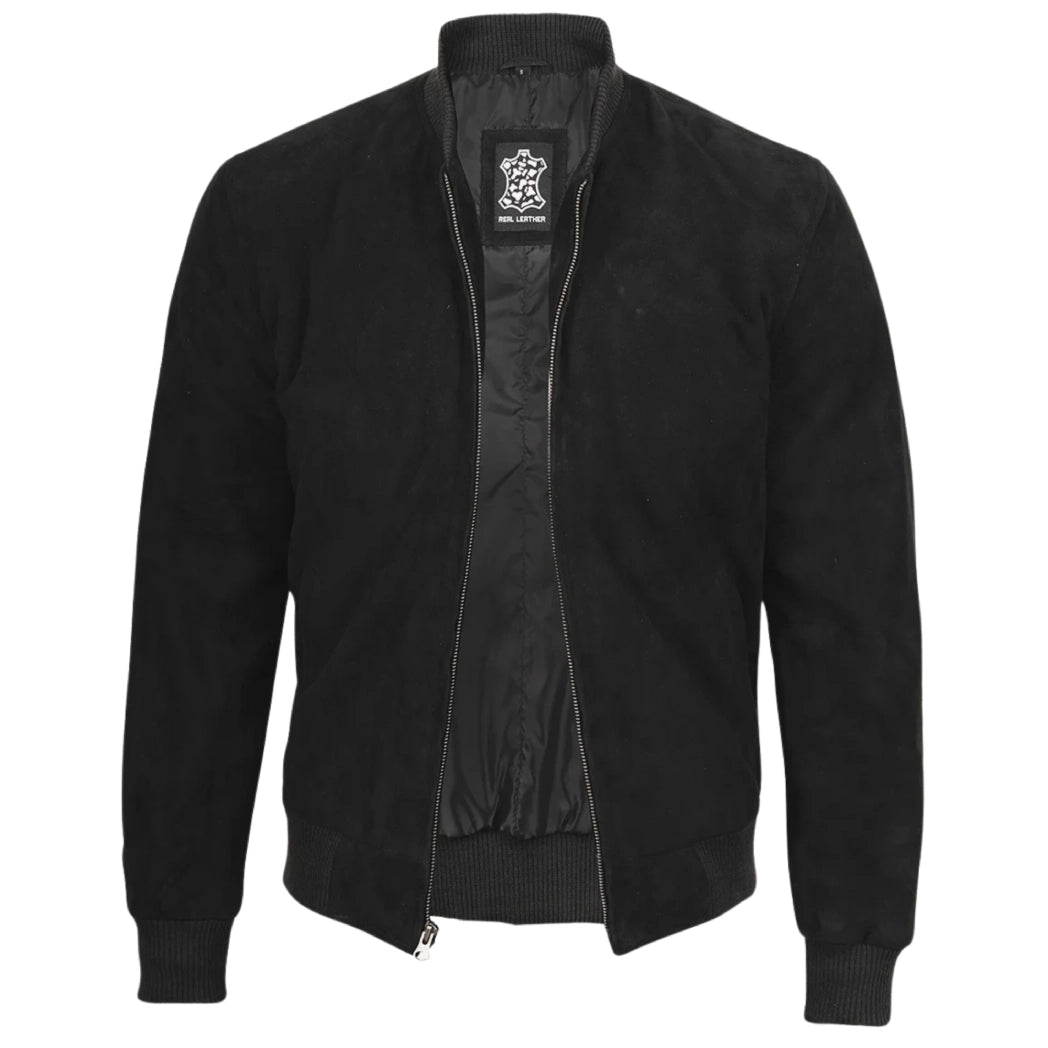 Men's Premium Real Suede Black Leather Bomber Jacket