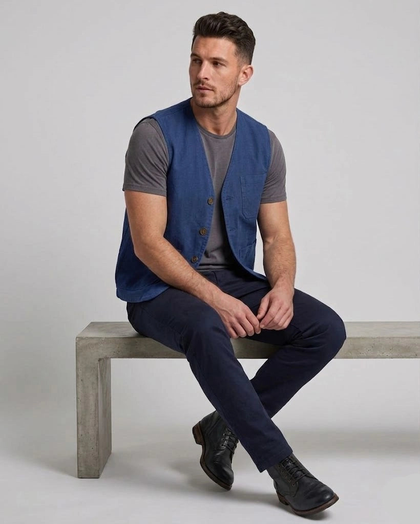 Men's royal blue cotton utility vest with front patch pockets and tailored fit, shown in front, side, and back view