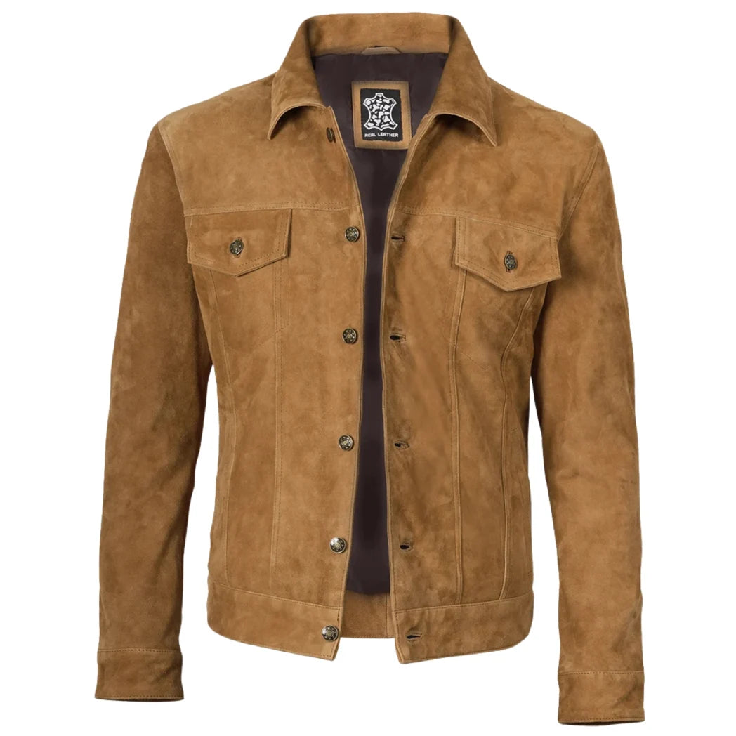 Men's Real Suede Tan Button Down Leather Jacket