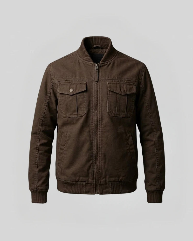 Men's Round Collar Cotton Brown Jacket