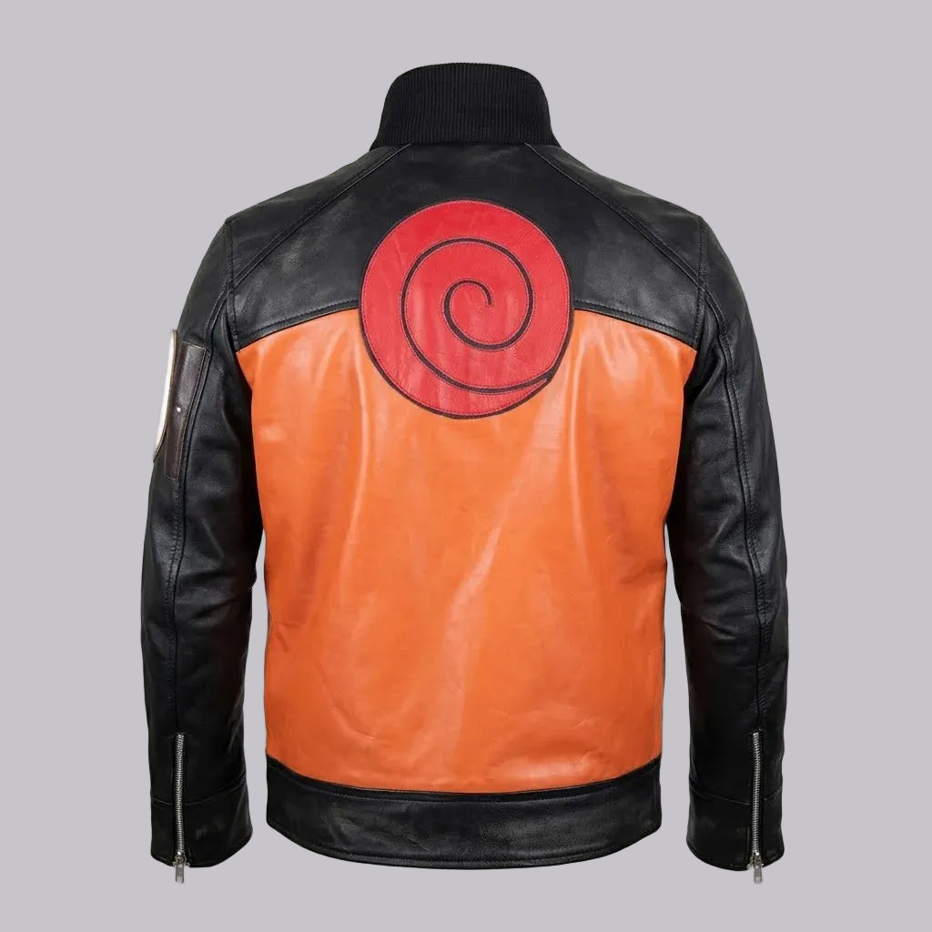 Men's Sheepskin Black And Orange Anime Inspired Leather Jacket