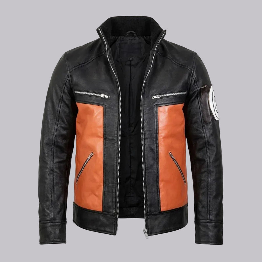 Men's Sheepskin Black And Orange Anime Inspired Leather Jacket