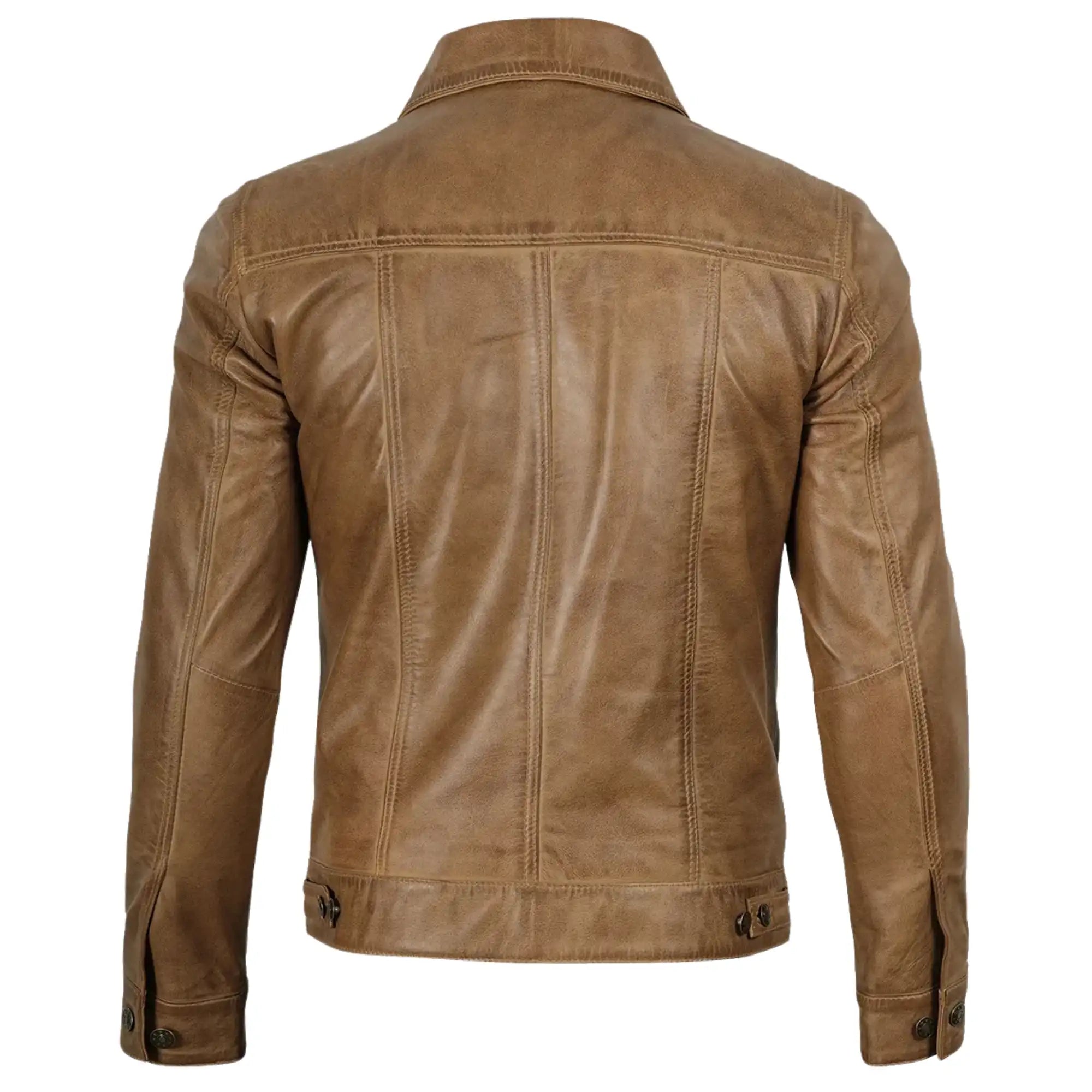 Men's Sheepskin Leather Camel Brown Trucker Jacket