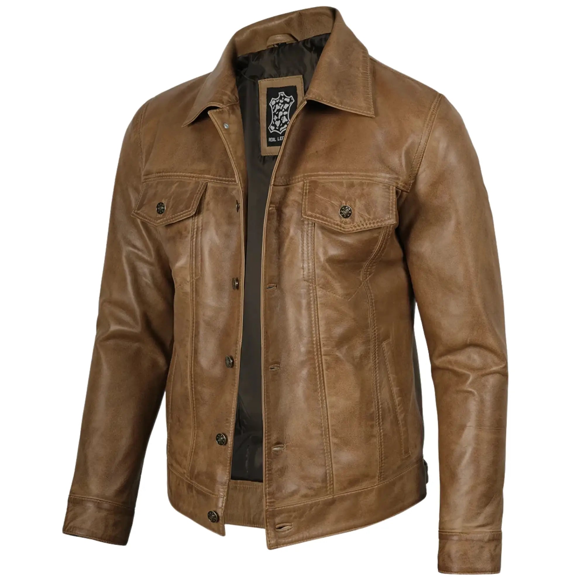 Men's Sheepskin Leather Camel Brown Trucker Jacket