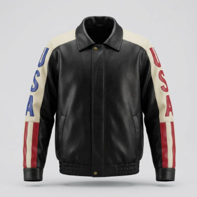 Men's Sheepskin Leather Jacket For USA Independence Day
