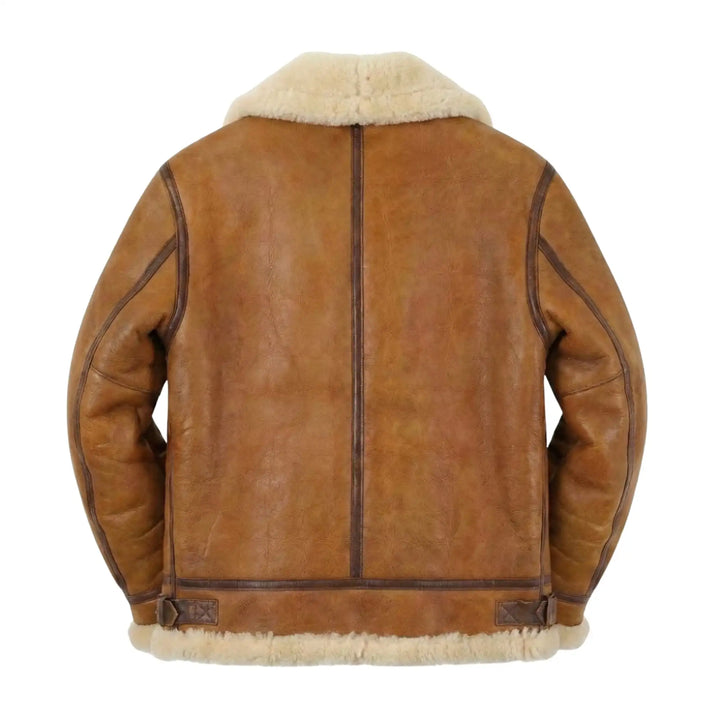 Brown leather jacket with white fur lining on a white background