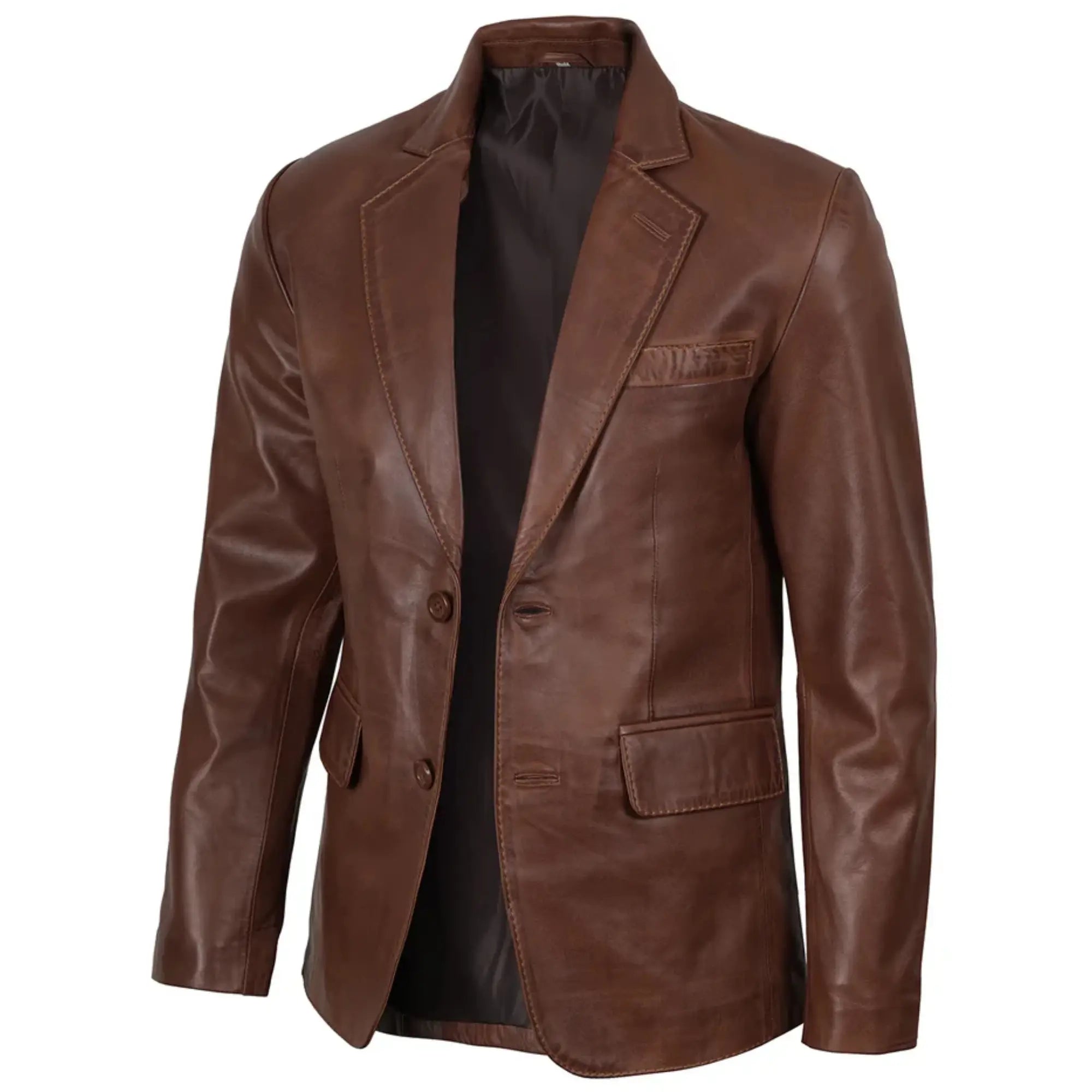 Men's Two Button Brown Wax Leather Blazer

