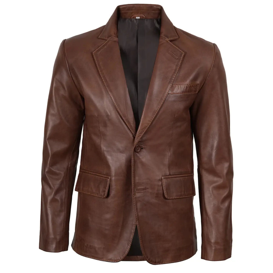 Men's Two Button Brown Wax Leather Blazer