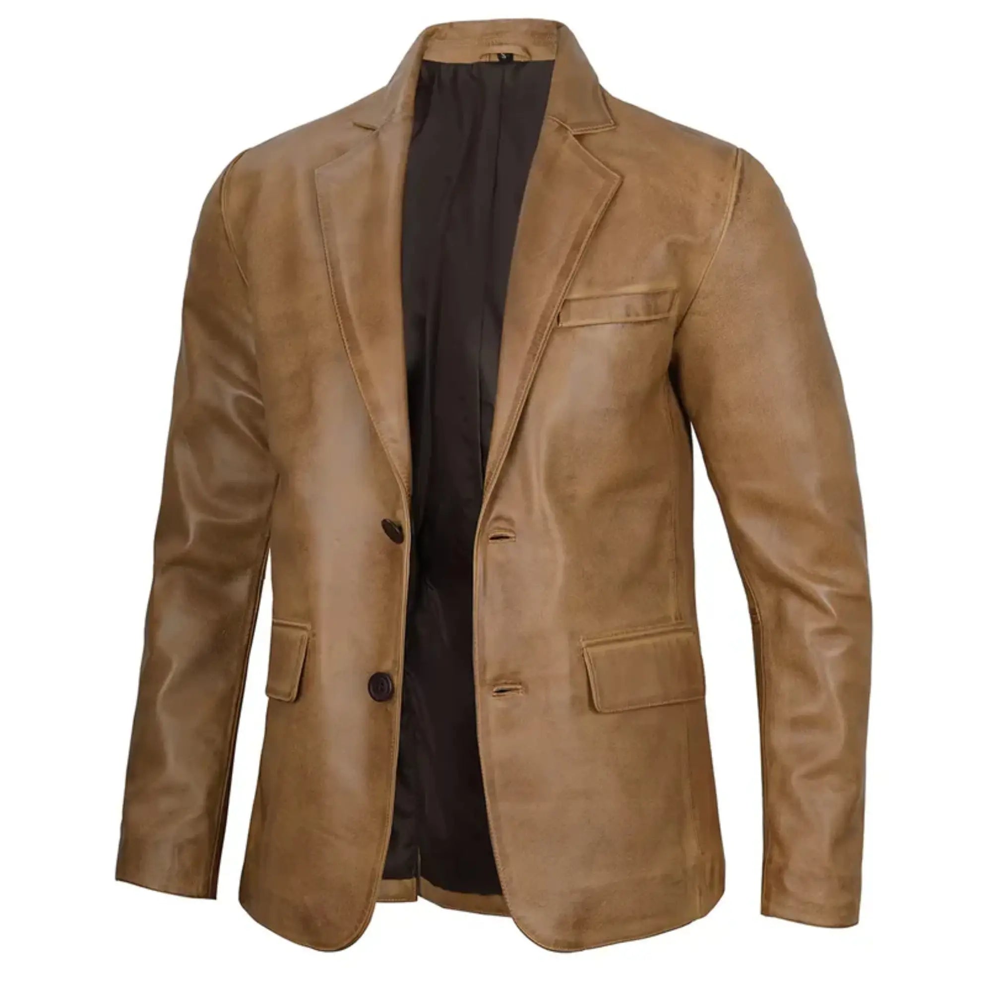 Men's Two Button Camel Brown Leather Blazer