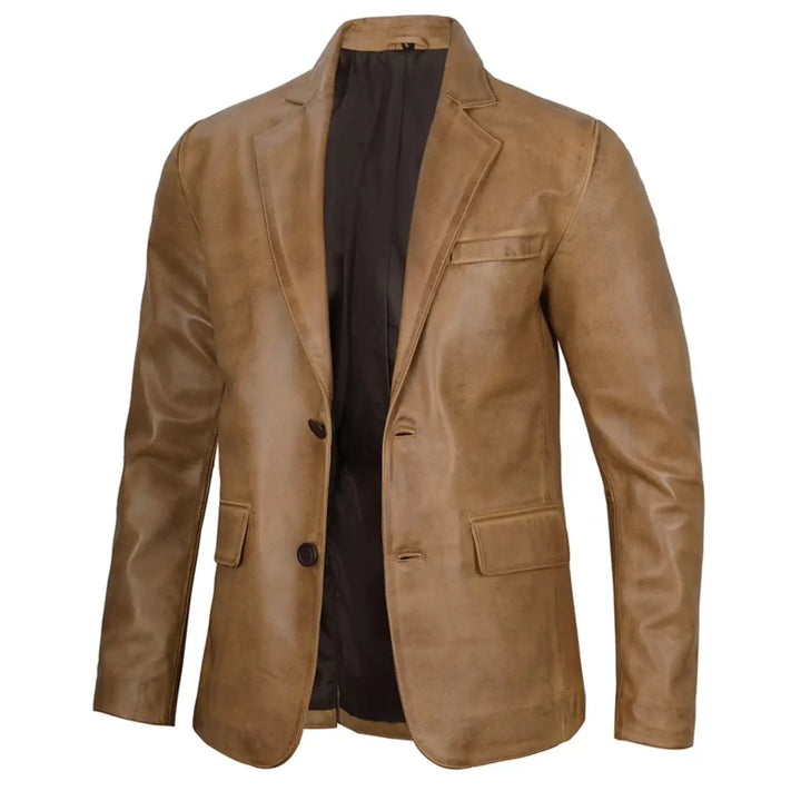 Men's Two Button Camel Brown Leather Blazer