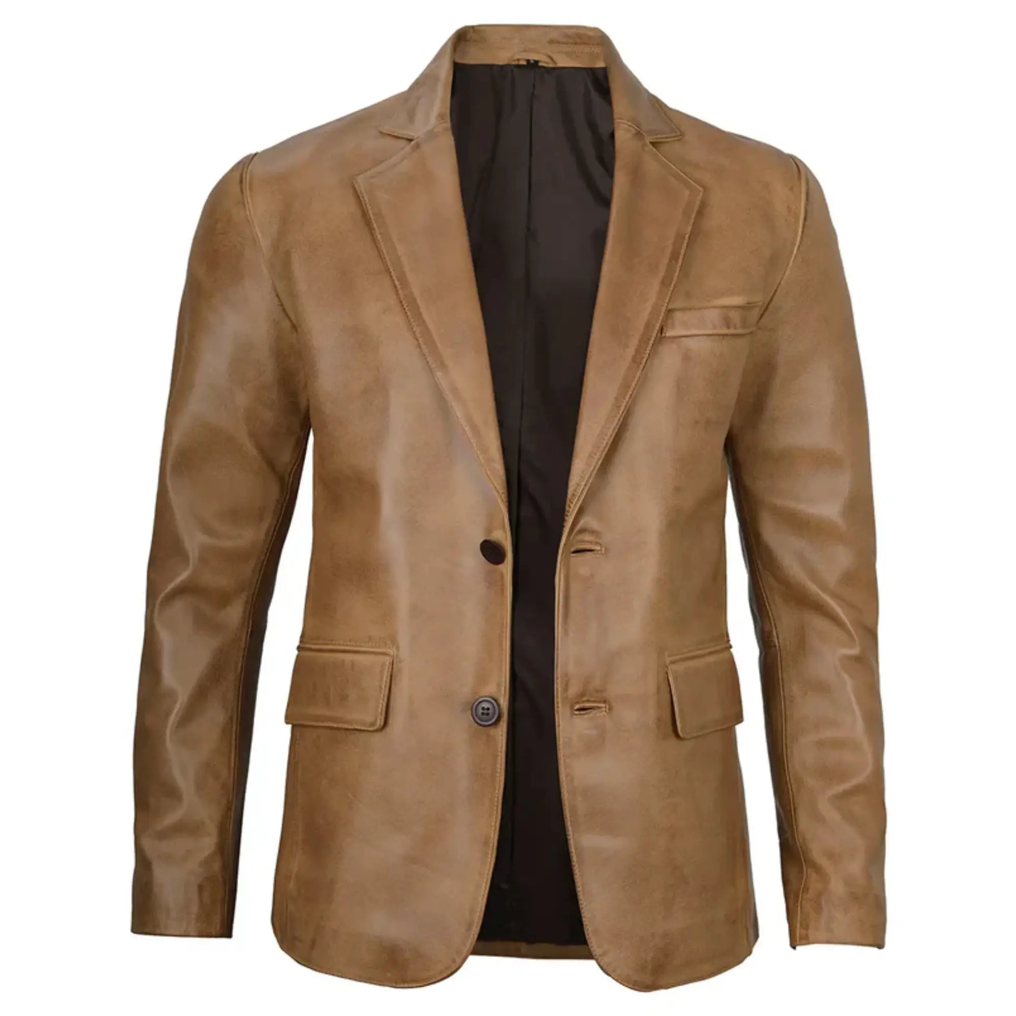 Men's Two Button Camel Brown Leather Blazer