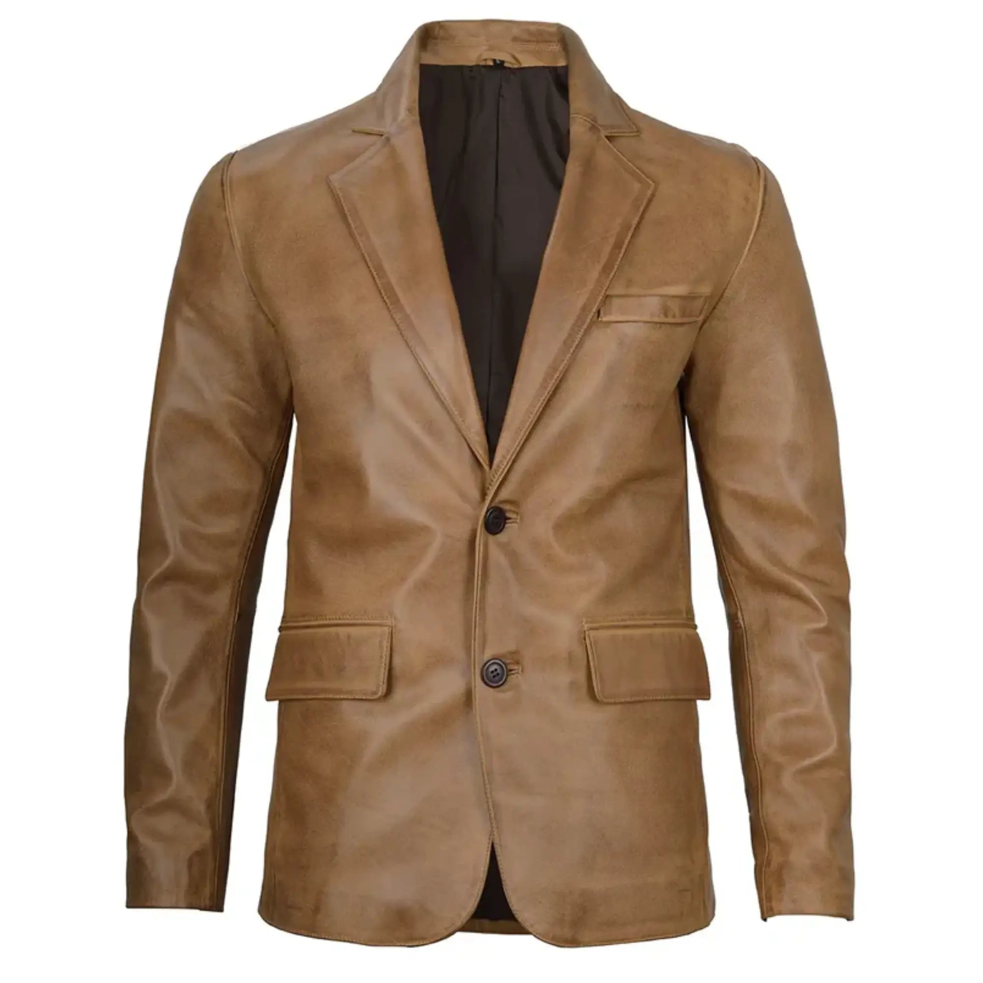 Men's Two Button Camel Brown Leather Blazer
