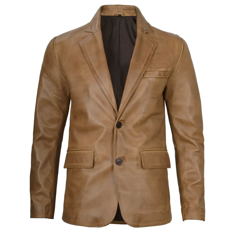 Men's Two Button Camel Brown Leather Blazer