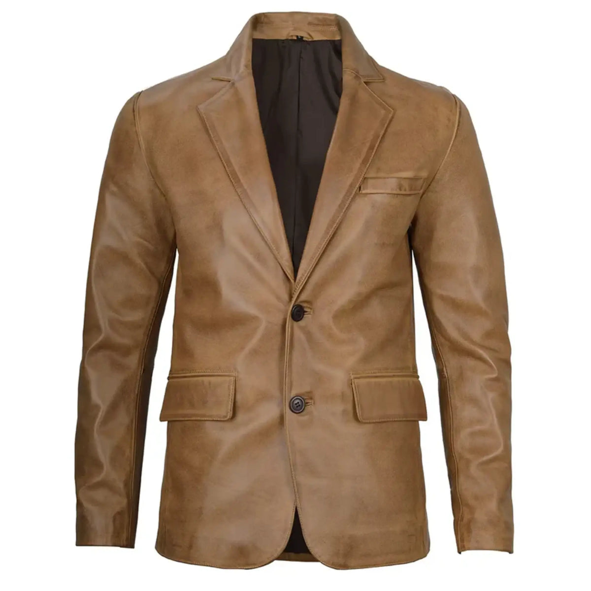 Men's Two Button Camel Brown Leather Blazer