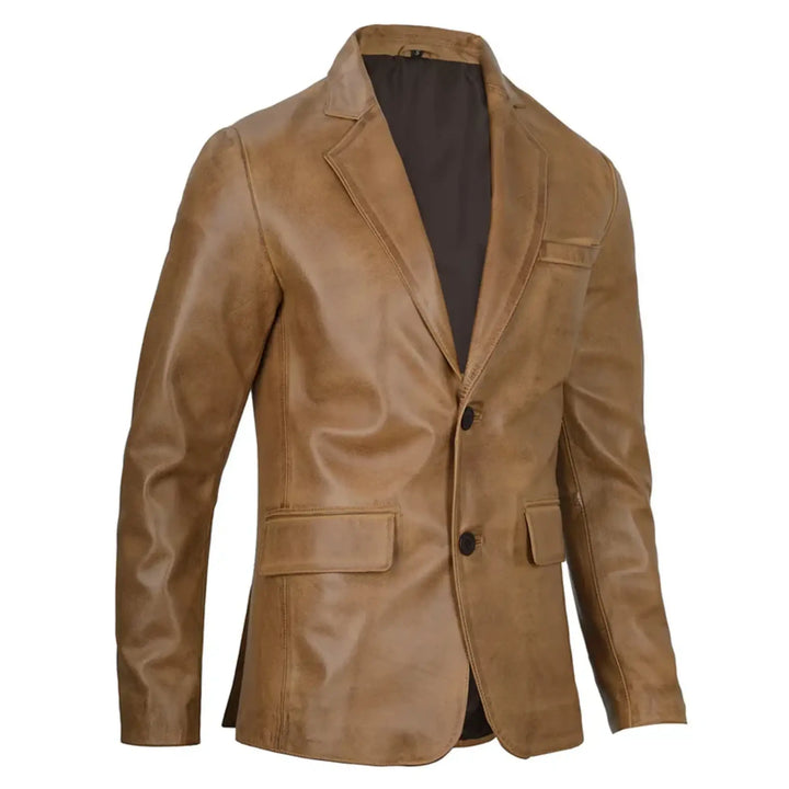 Men's Two Button Camel Brown Leather Blazer