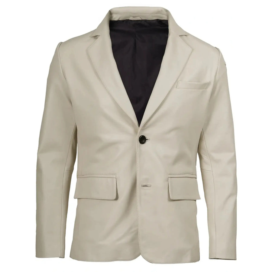 Men's Two Buttons Off White Leather Blazer