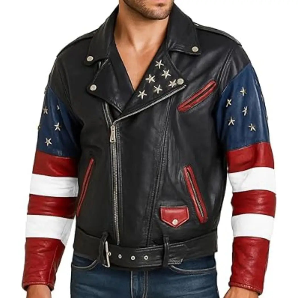 Men's USA Flag Biker Sheepskin Leather Jacket