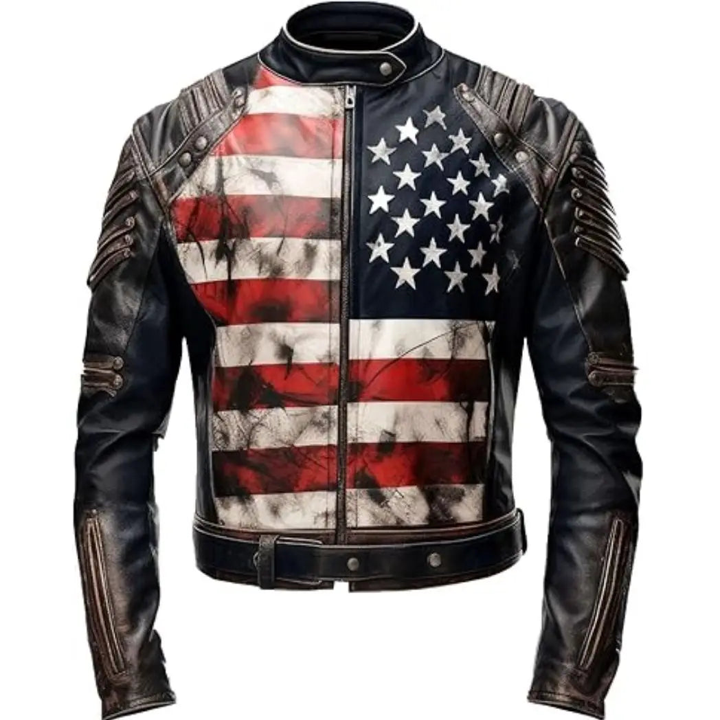 Men's USA Flag Distressed Sheepskin Leather Biker Jacket