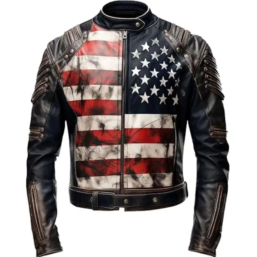 Men's USA Flag Distressed Sheepskin Leather Biker Jacket