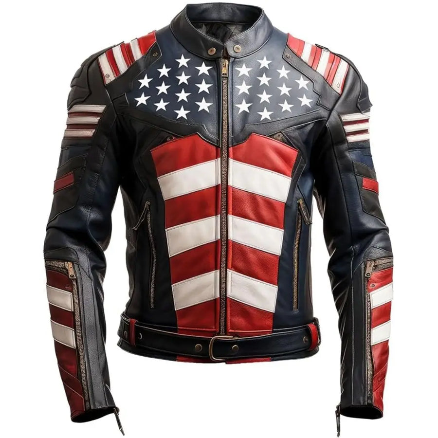 Men's USA Flag Sheepskin Leather Biker Motorcycle Jacket