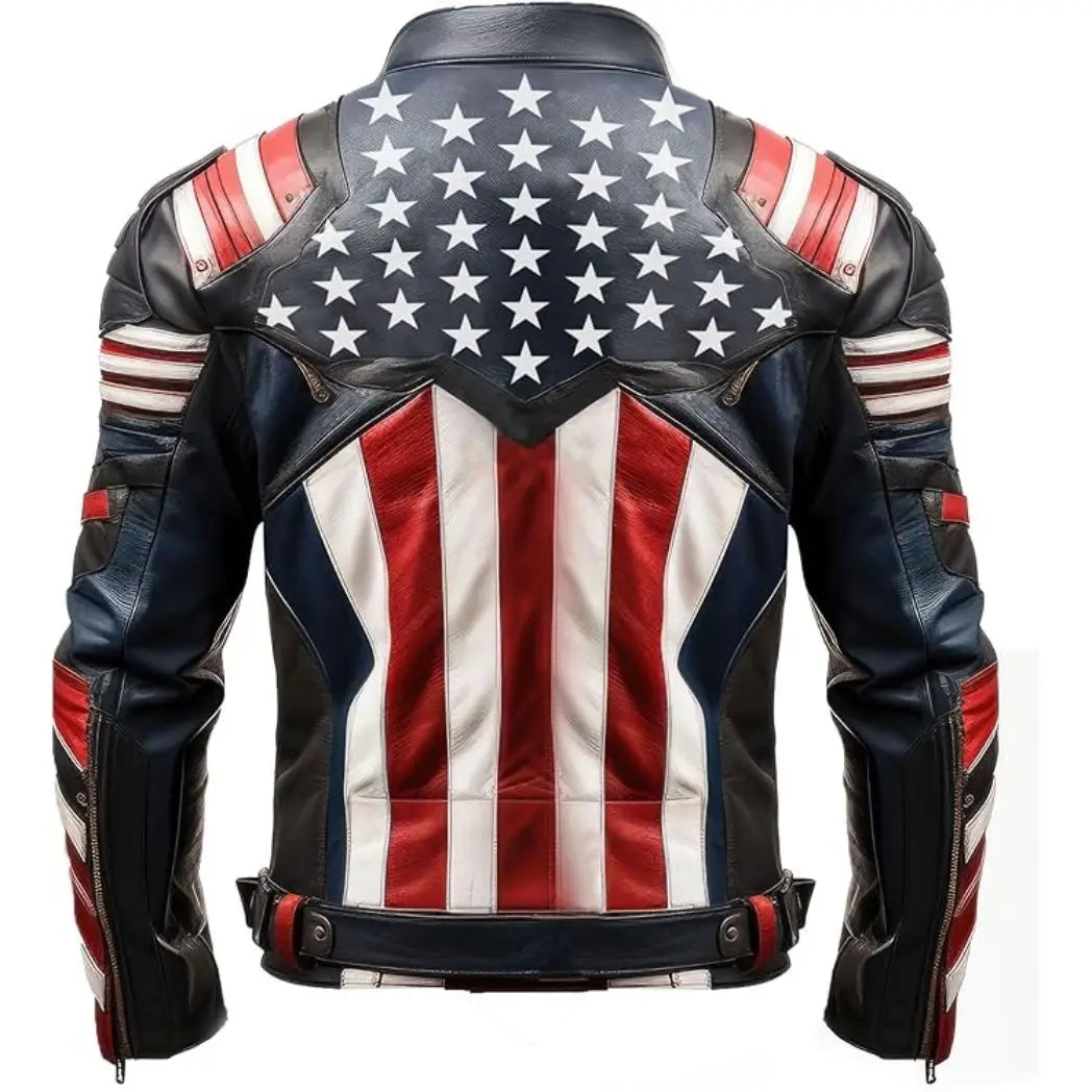 Men's USA Flag Sheepskin Leather Biker Motorcycle Jacket
